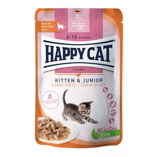 Happy Cat Meat in Sauce - Kitten & Junior Land-Ente - konservi kaķēniem ar pīli